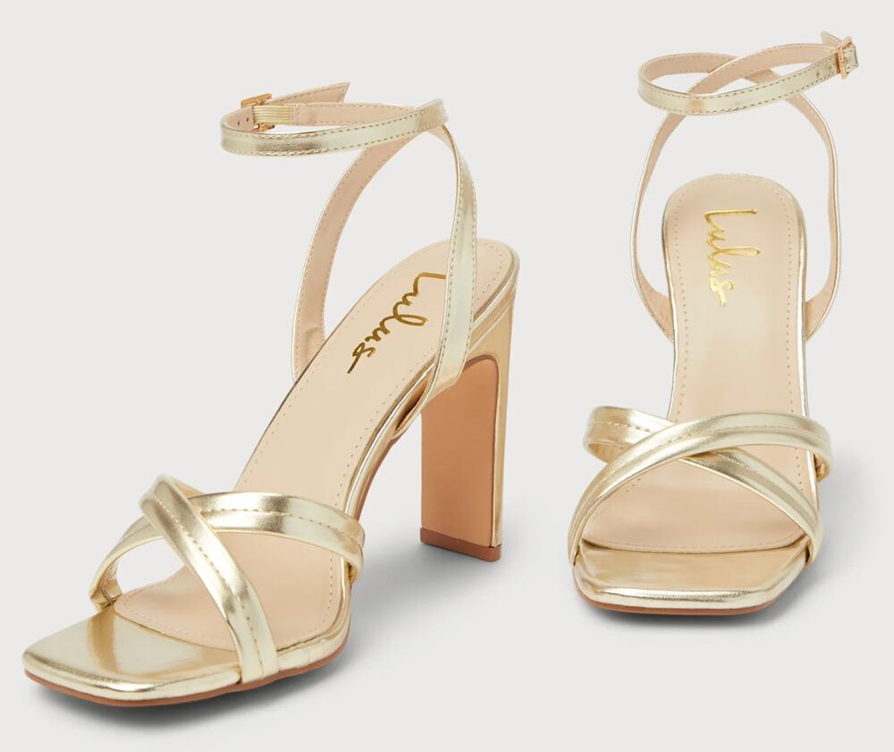 Lulus Milanii Square Toe Ankle Strap High Heel Sandals Metallic Gold 10
